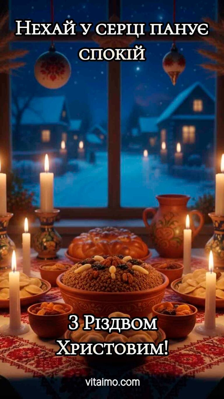 Тепла різдвяна листівка зі святою вечерею та побажанням спокою в серці