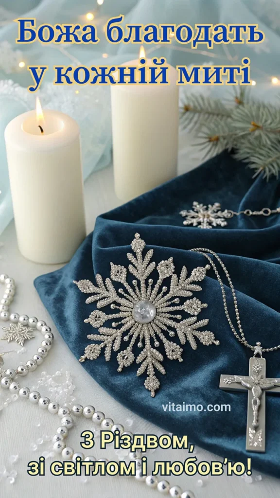 Різдвяне християнське привітання зі свічками, срібною сніжинкою та хрестом