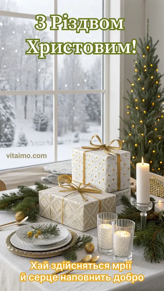 Різдвяне привітання зі святковим столом, подарунками та побажанням світла й добра
