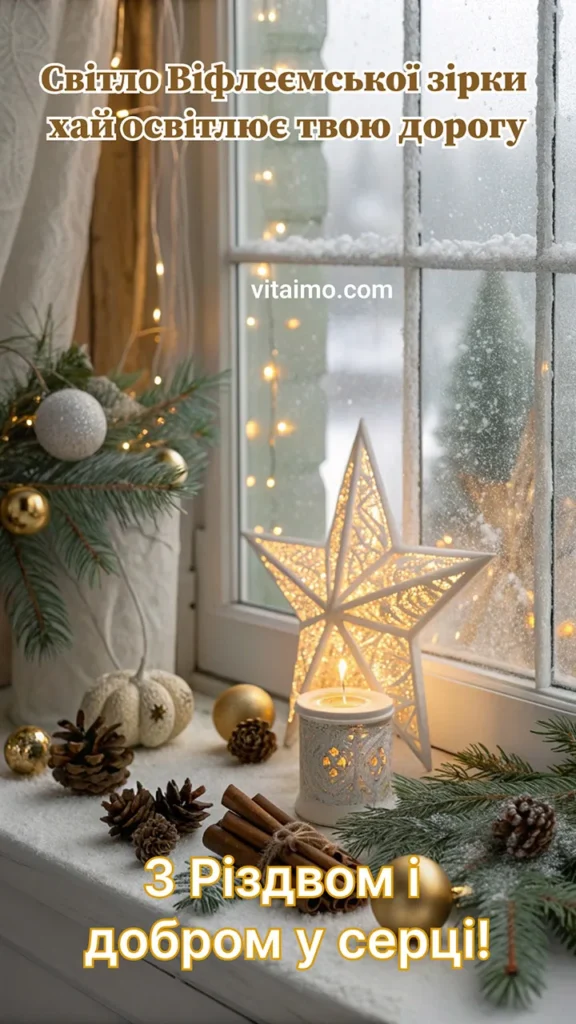 Різдвяне привітання зі світлом Віфлеємської зорі та добром у серці