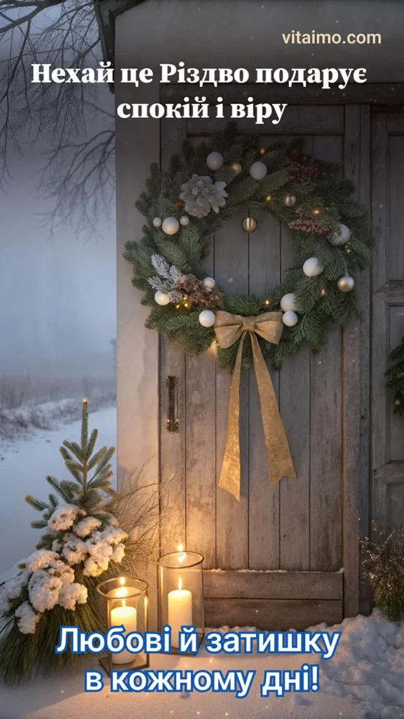 Різдвяне привітання з вінком на дверях і побажанням любові та затишку в оселі
