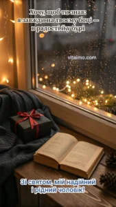 Затишне привітання для чоловіка зі святом із книжкою, подарунком і теплими вогниками за вікном.