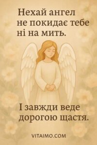 Ніжна листівка з Днем ангела зі світлим ангелом у білому вбранні на м’якому квітковому фоні.