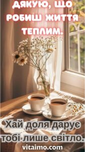 Дві чашки кави біля вікна з ромашками — листівка коханій до дня народження