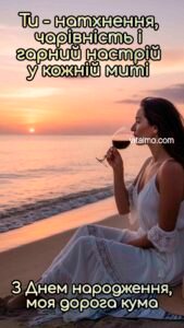 Жінка в білій сукні сидить на піску біля моря на заході сонця й тримає келих вина як листівка до Дня народження куми.