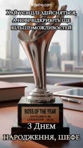 Стильне привітання з Днем народження для шефа з елегантним кубком на офісному столі.