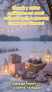 Романтичне привітання з Новим 2026 роком для коханої людини із зимовим пікніком, подарунками й гірляндами на засніженому березі озера.