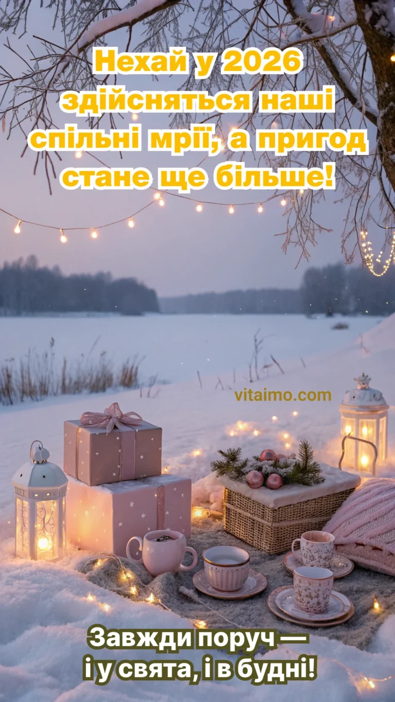 Романтична листівка з Новим 2026 роком для коханої людини із зимовим пікніком на снігу