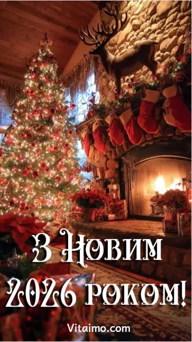 Затишне новорічне привітання 2026 року з ялинкою та каміном