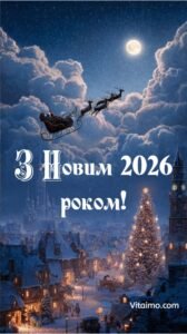 Зимове нічне містечко із сяючою ялинкою та саньми Санти з оленями, що летять на тлі повного місяця з написом З Новим 2026 роком.