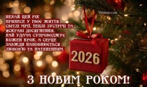 Новорічна листівка 2026 з червоною подарунковою коробкою‑іграшкою на ялинці, теплими вогниками на фоні, текстом побажання зліва та написом З Новим роком унизу.