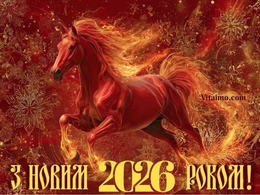 Яскрава листівка з Новим 2026 роком – Червоний Вогняний Кінь на фоні святкових сніжинок і вогнів