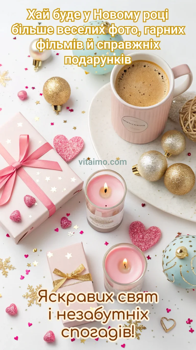 Новорічна листівка з кавою, подарунками й рожевими серцями для яскравих свят