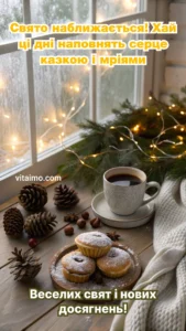 Кава та різдвяні пряники на фоні святкових вогників у зимовий вечір