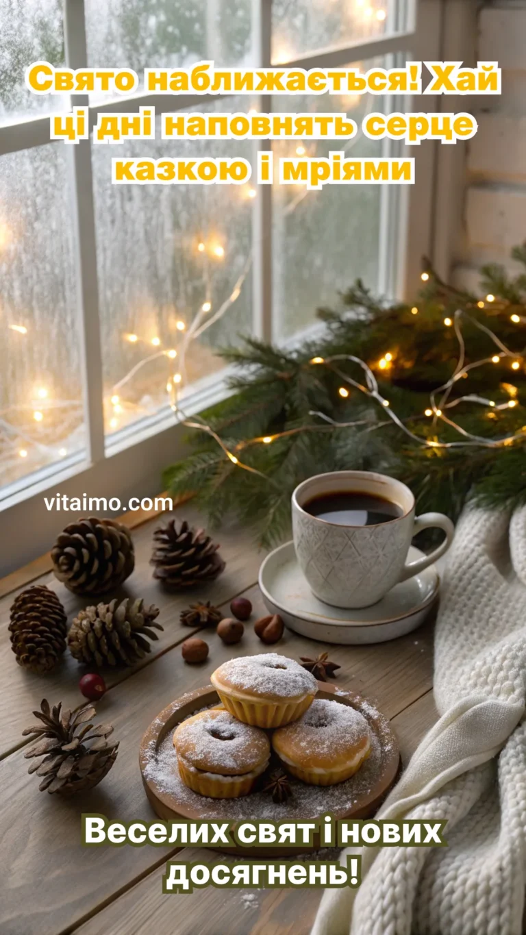 Затишна листівка «З Новим роком» із кавою та святковими вогнями