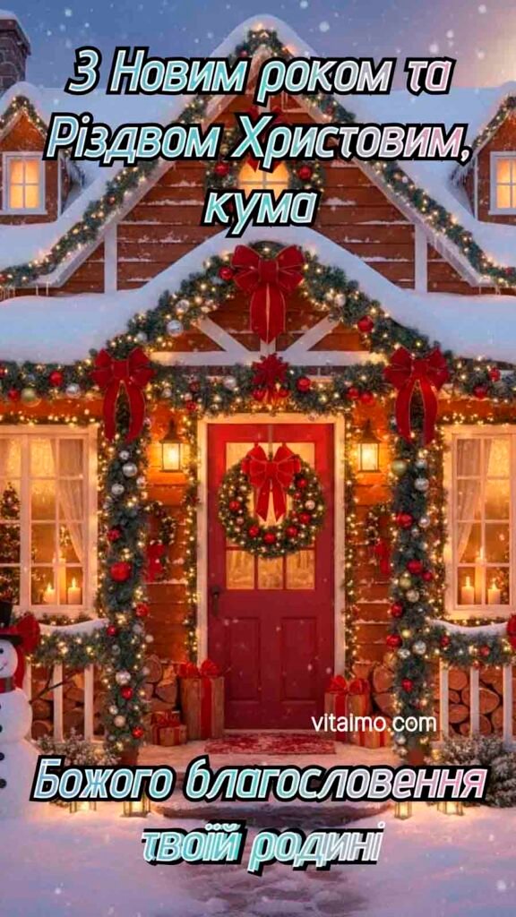 Новорічне та різдвяне привітання для куми із затишним будиночком у снігу