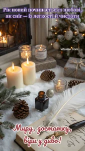 Листівка З Новим роком зі свічками, каміном і ялинкою