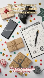 Подарунки, блокнот і ґеймпад на новорічній листівці з побажаннями натхнення