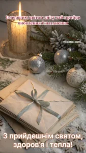 Листівка З Новим роком із конвертом, свічкою та новорічними іграшками