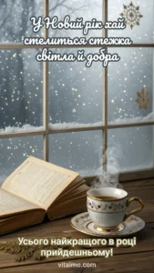 Листівка З Новим роком із чашкою чаю, книгою та засніженим вікном