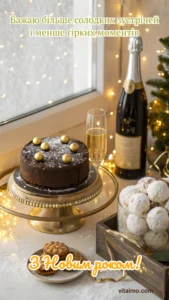 Новорічний солодкий стіл із шоколадним тортом, шампанським і печивом у цукровій пудрі біля вікна з гірляндами.