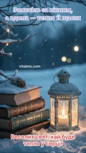 Листівка З Новим роком з вікном, зимовим пейзажем і ліхтариком зі свічкою