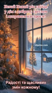 Святкове вікно з ялинкою й зимовим краєвидом на новорічній листівці