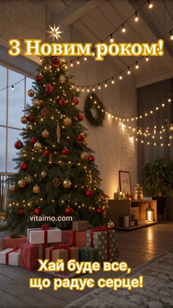 Затишне новорічне привітання з ялинкою у вітальні