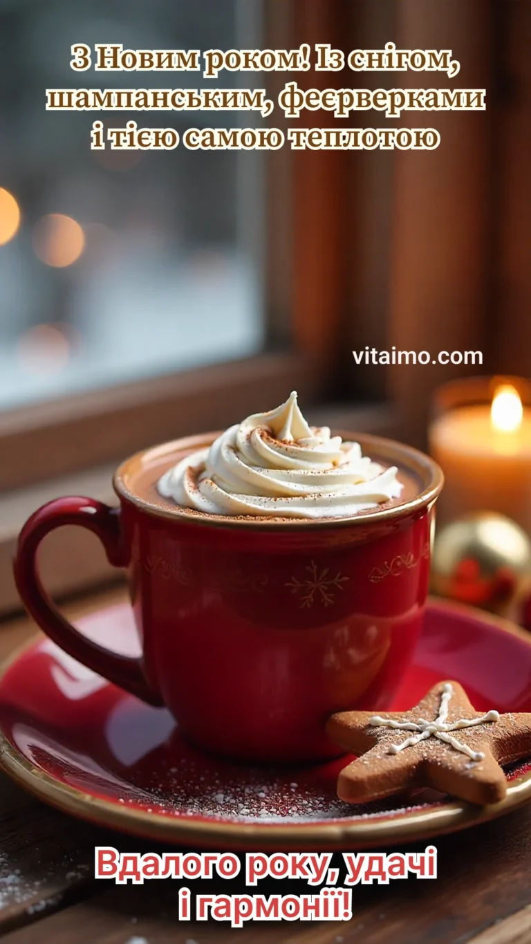 Новорічна листівка з чашкою шоколаду та святковим настроєм