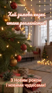 Новорічне привітання з яскраво прикрашеною ялинкою, гірляндами й подарунками, що створюють атмосферу зимової казки.