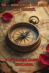 Вінтажний компас на старій карті з пелюстками червоних троянд як символ спільного шляху до річниці кохання.