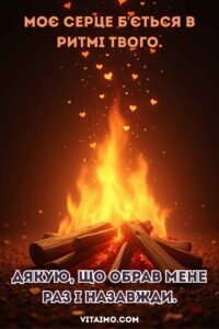 Тепла листівка з річницею з багаттям і сяючими сердечками для коханого чоловіка.