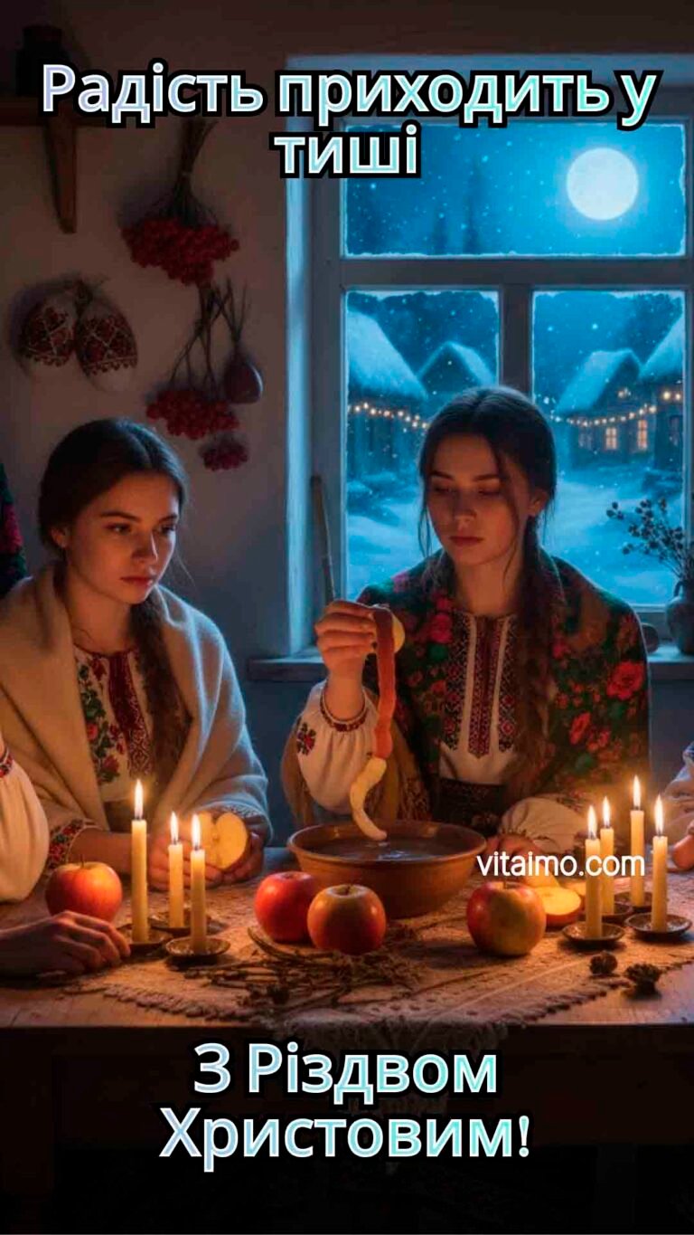 Листівка З Різдвом Христовим з дівчатами при свічках у зимовій хаті