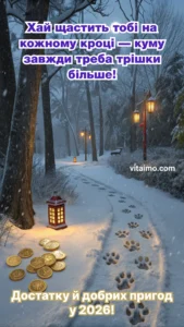 Зимова стежка з ліхтарями, слідами на снігу та золотими монетами як символами удачі для кума в новому році.