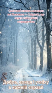 Зимовий ліс із засніженою дорогою й мерехтливими вогниками — новорічна листівка з теплим побажанням