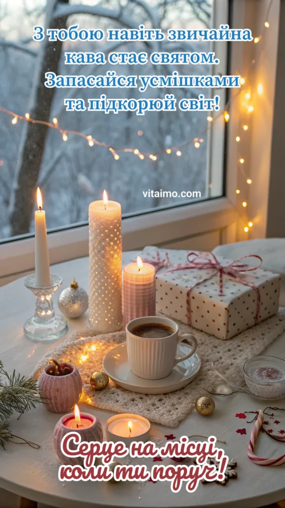 Тепле зимове привітання з кавою, свічками та подарунком