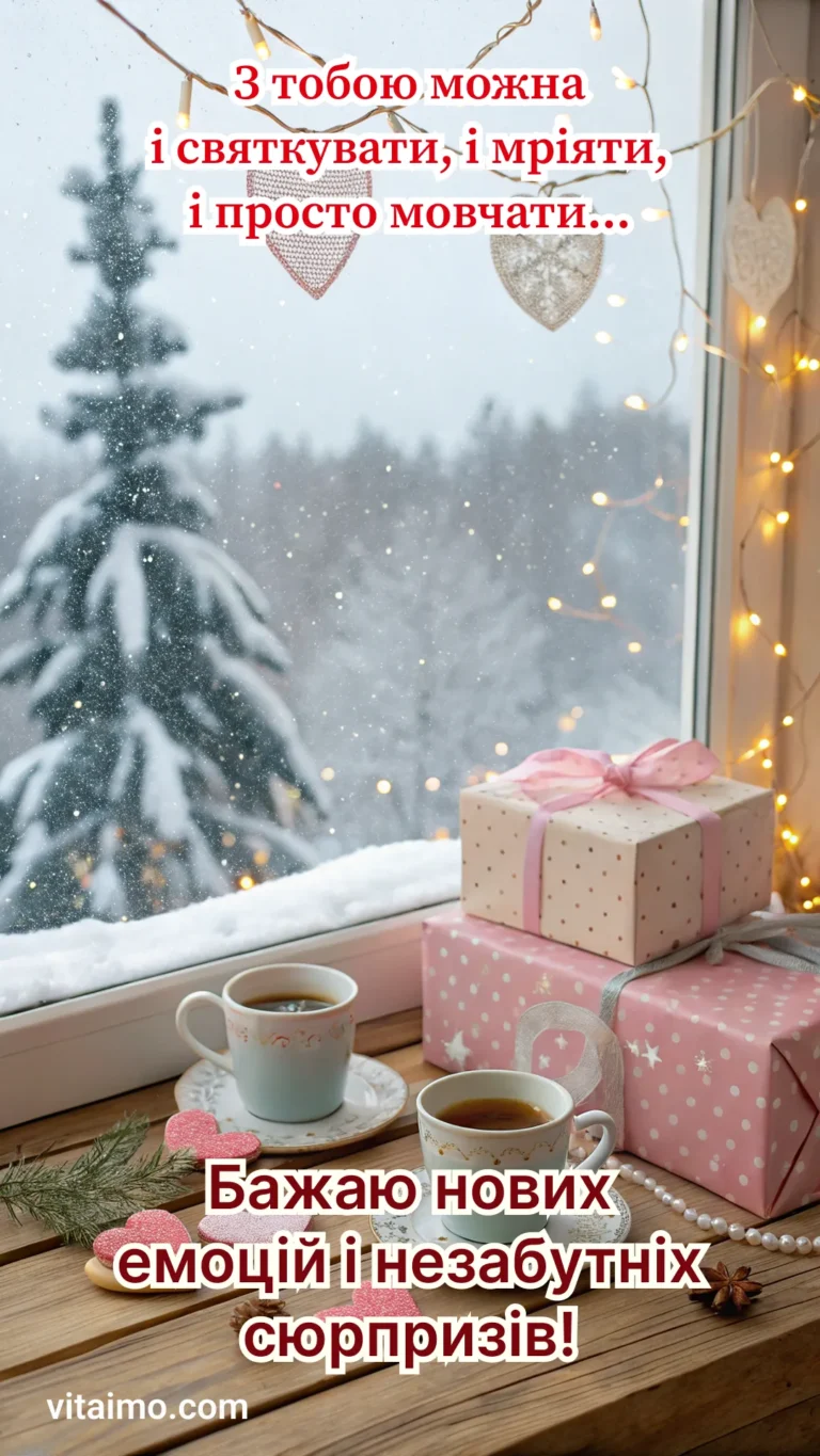 Романтичне зимове привітання для коханої з кавою, подарунками та снігом за вікном