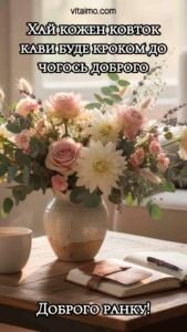 Букет квітів і кава на столі в м’якому ранковому світлі для привітання з добрим ранком.