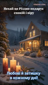 Засніжений будинок у лісі з різдвяними вогниками та запаленими свічками на передньому плані для святкового привітання.