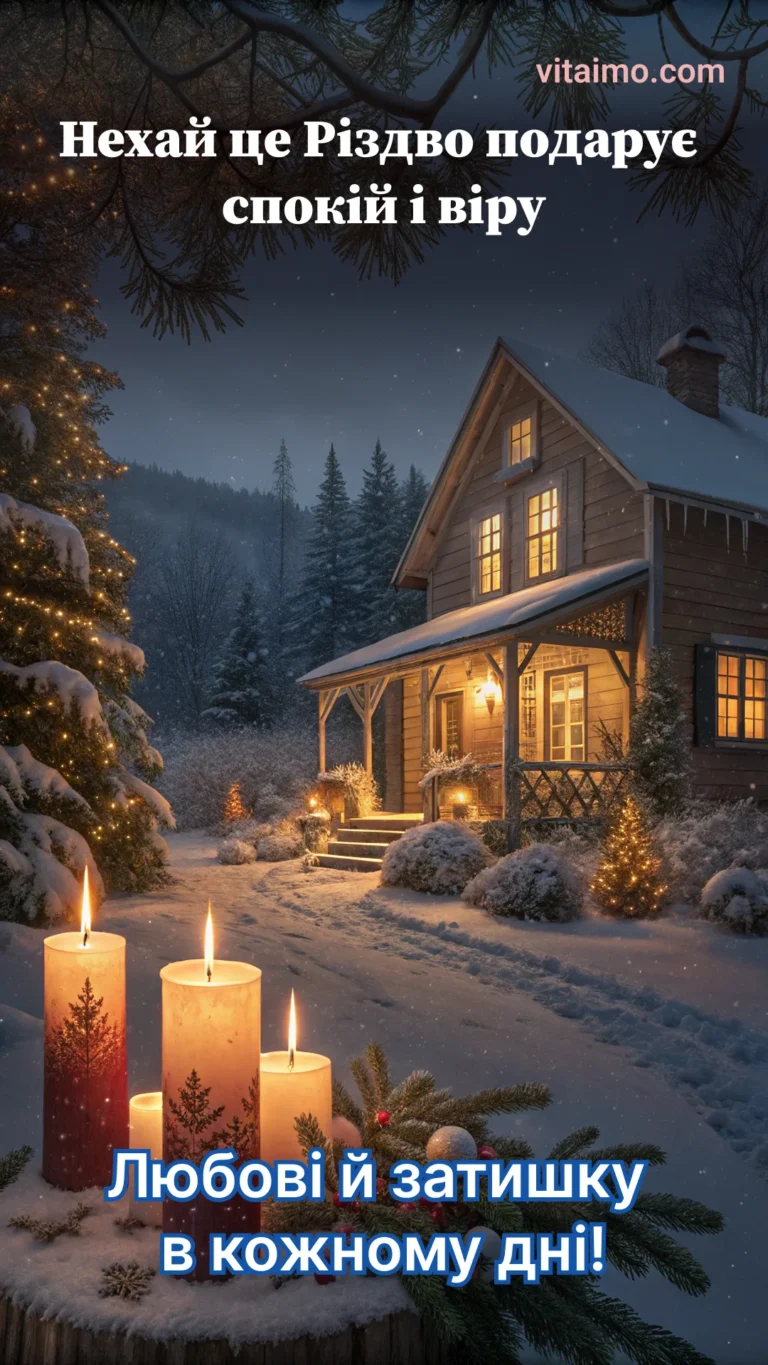 Різдвяне привітання зі спокоєм, вірою та затишним будинком у зимовому лісі