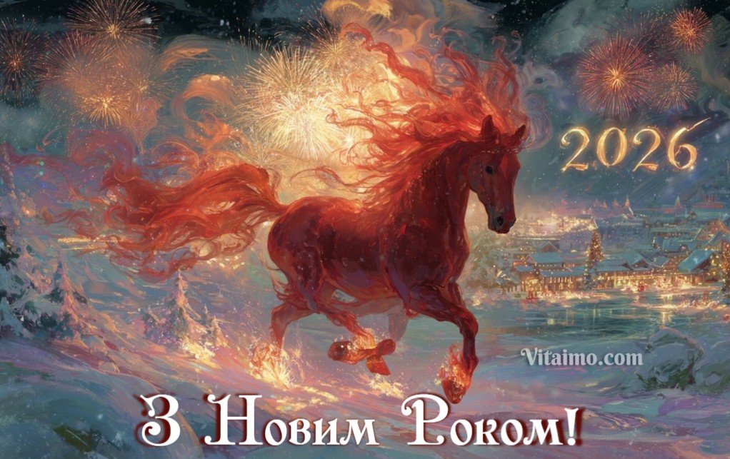 Червоний Вогняний Кінь на тлі святкового салюту – листівка з Новим 2026 роком