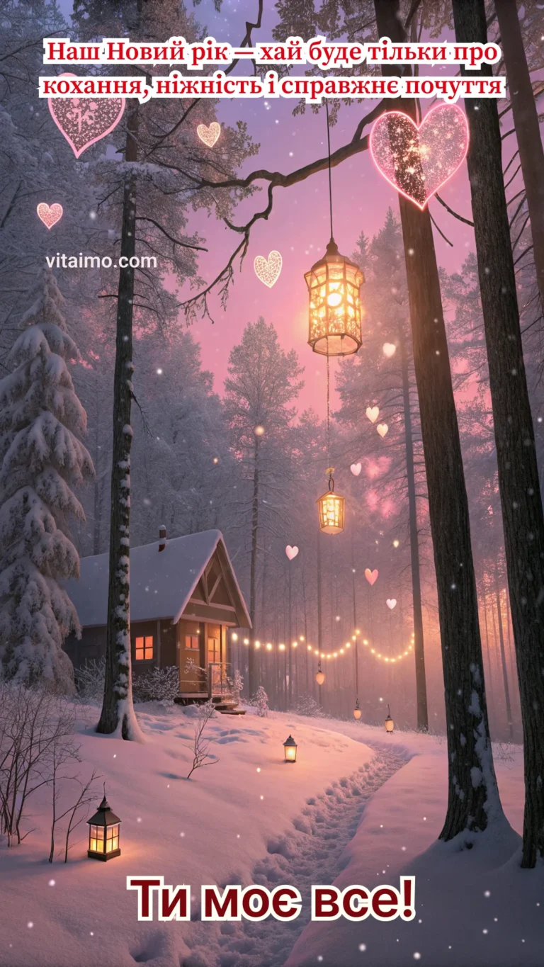 Новорічна романтична листівка з лісовою хатинкою для коханої