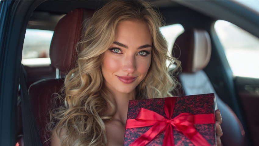 Дівчина з подарунком на день народження сидить в автомобілі та усміхається