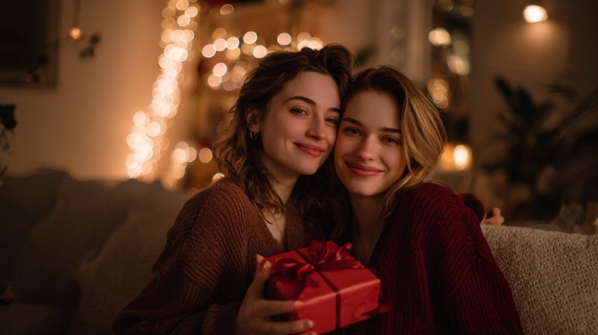 Дві подруги з червоною подарунковою коробкою святкують день народження