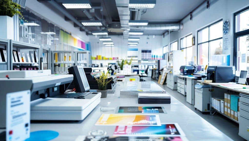 Приклади друкованої продукції онлайн-друкарні 24print.ua на демонстраційному столі.