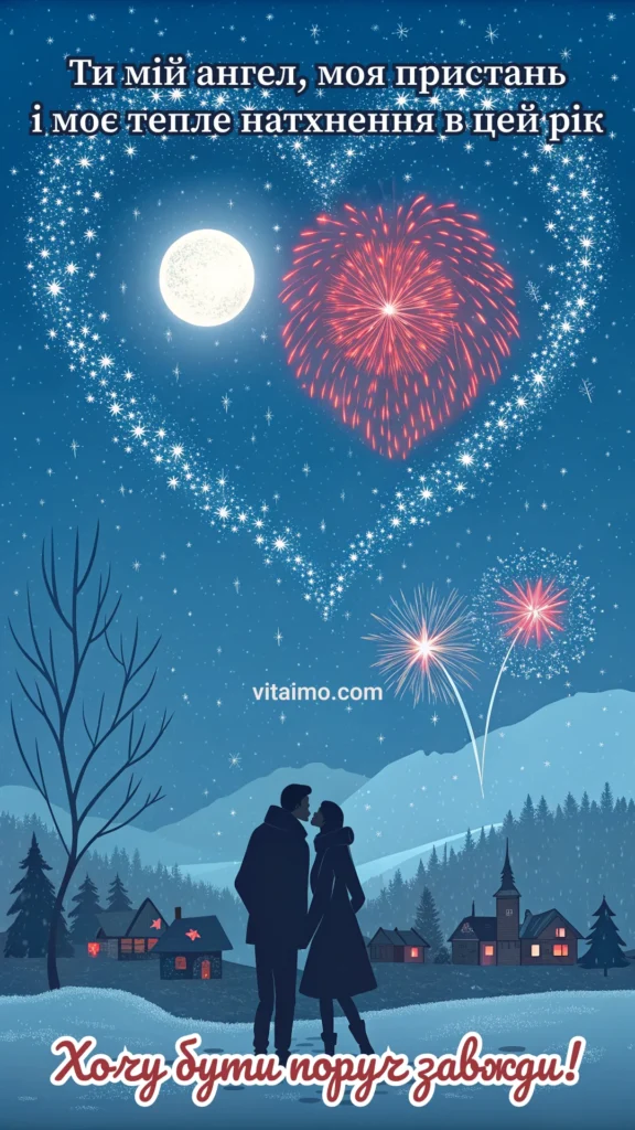 Новорічна романтична листівка з парою під феєрверками для коханої людини