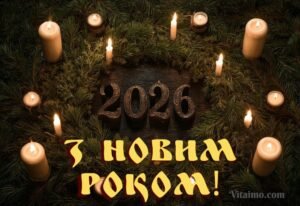 Новорічна листівка 2026 з цифрами на дерев’яному тлі, оточеними хвойним вінком і багатьма запаленими свічками.