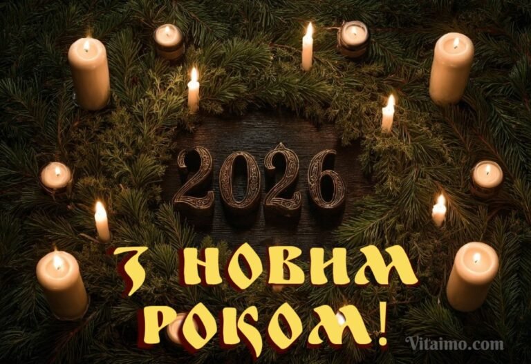 Тепла листівка З Новим 2026 роком із хвойним вінком і свічками