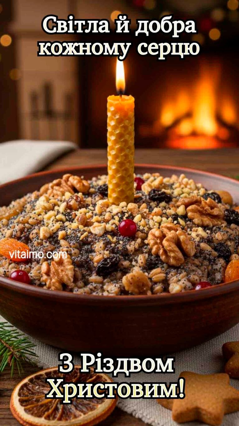 Тепла різдвяна листівка з кутею і свічкою біля каміну