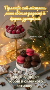 Святкові десерти та гірлянди на новорічній листівці